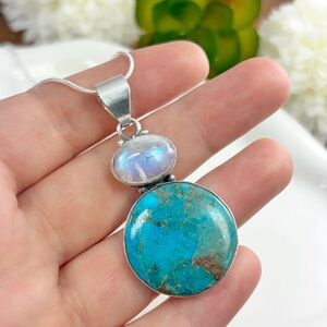 Solid Sterling Silver 925 Rainbow Moonstone Turquoise Pendant Southwest Style